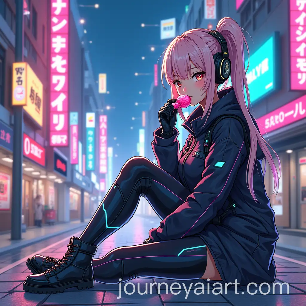 Anime-Girl-in-HighTech-Suit-Sitting-on-Cyber-City-Street-with-Neon-Colors-and-Candy