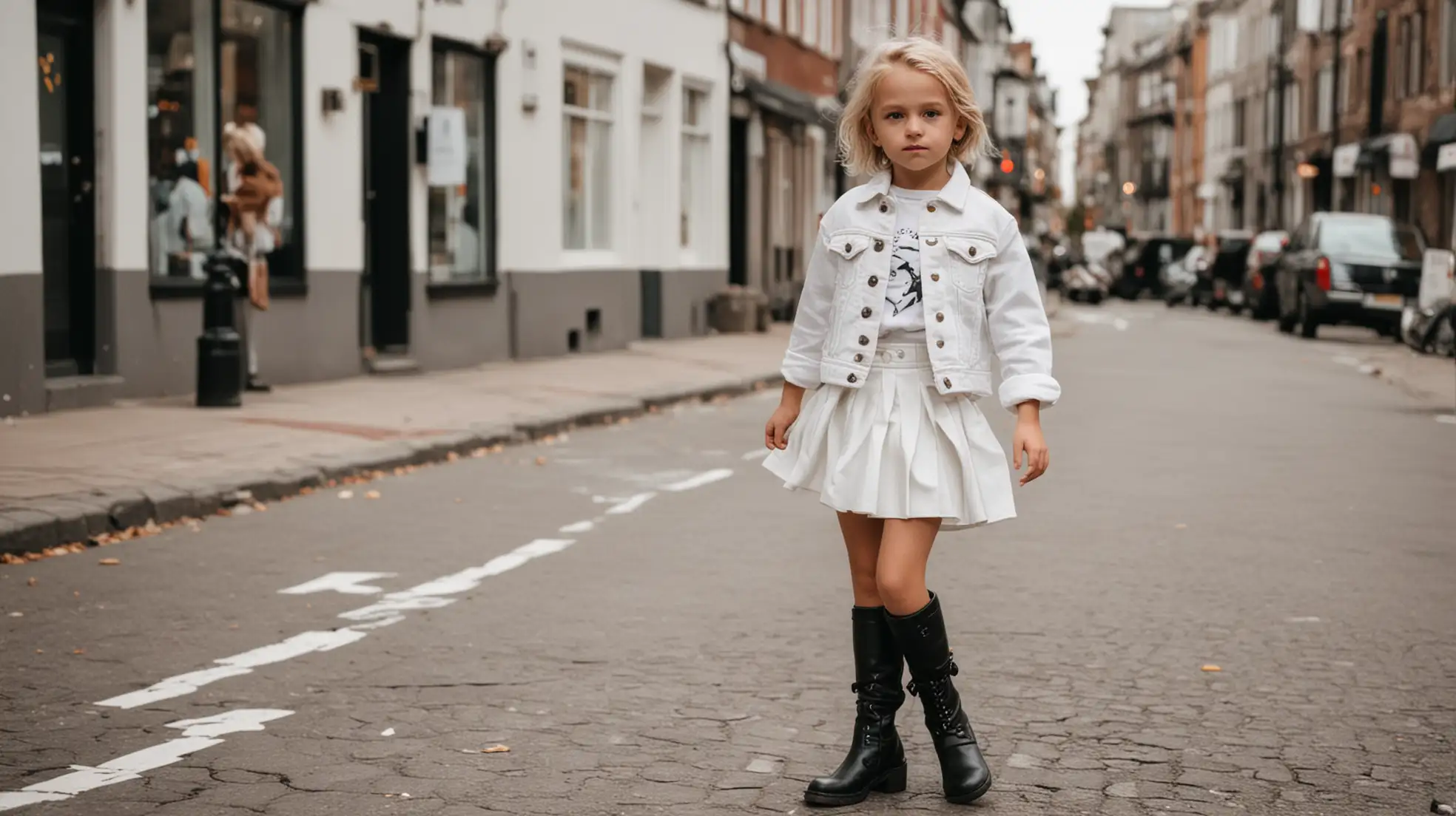 little young boy wearing white denim jacket and white skirt with black block heel knee high boots and staying in town