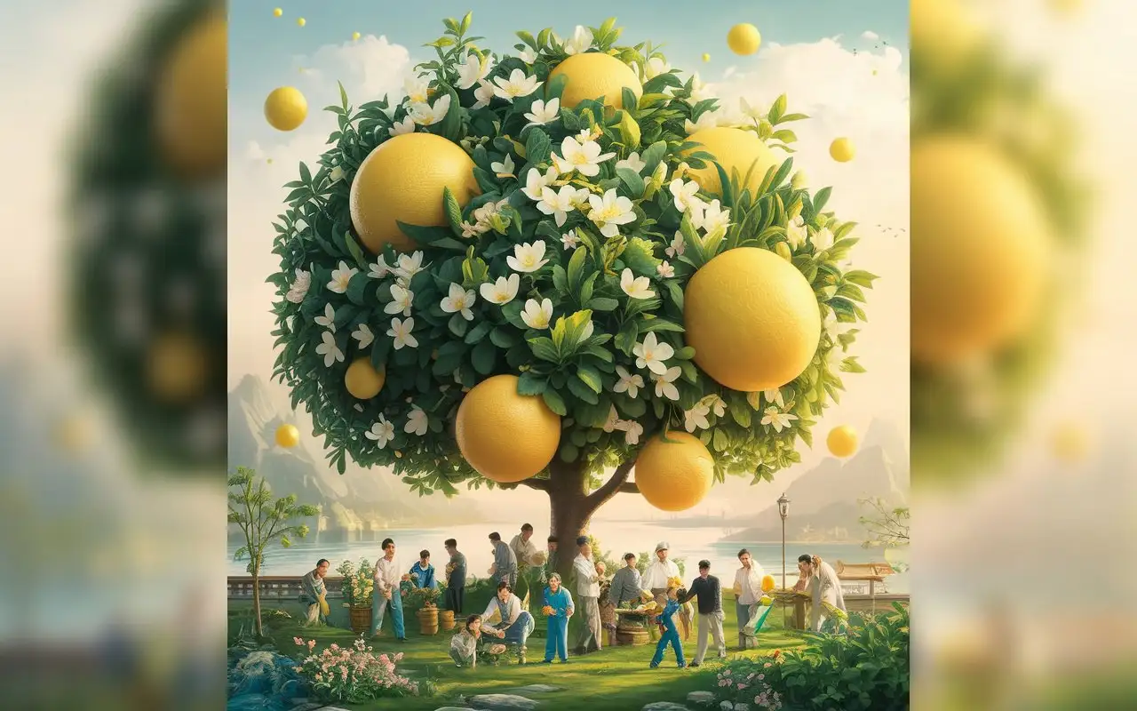 Creative poster, about the arrival of spring, mini world, under a lemon pomelo tree, several large pomelo lemons fall to the ground, surrounded by many small people working, studio lighting, vertical shooting, 8k, high-quality, ultra-fine clips