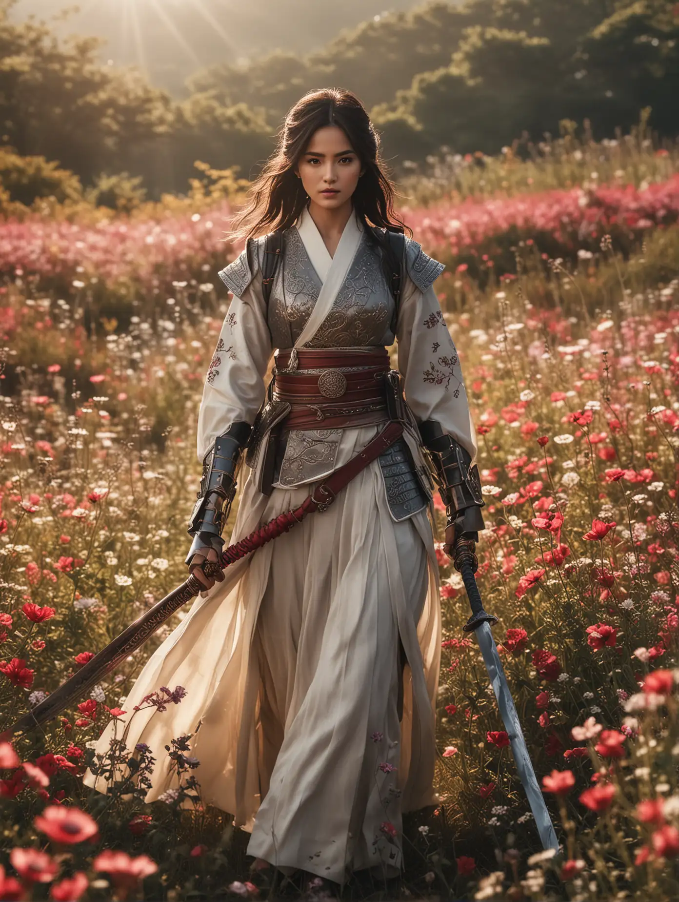 Camila Belle was cosplaying as joseon's warrior with traditional south korean's battle suit, holding a sword, walking graceful and elegant, The background is a vibrant deepest wild flowers field with moody hues, light ray tracing of sunshine, elegant, graceful, giving the overall composition an edgy feel.