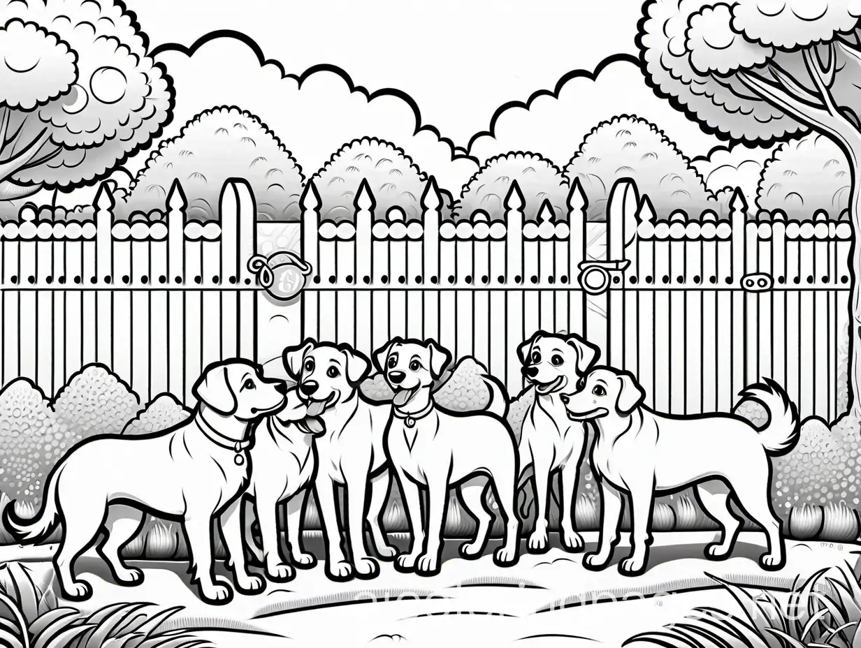 Diverse-Breed-Dogs-Playtime-Line-Art-Coloring-Page