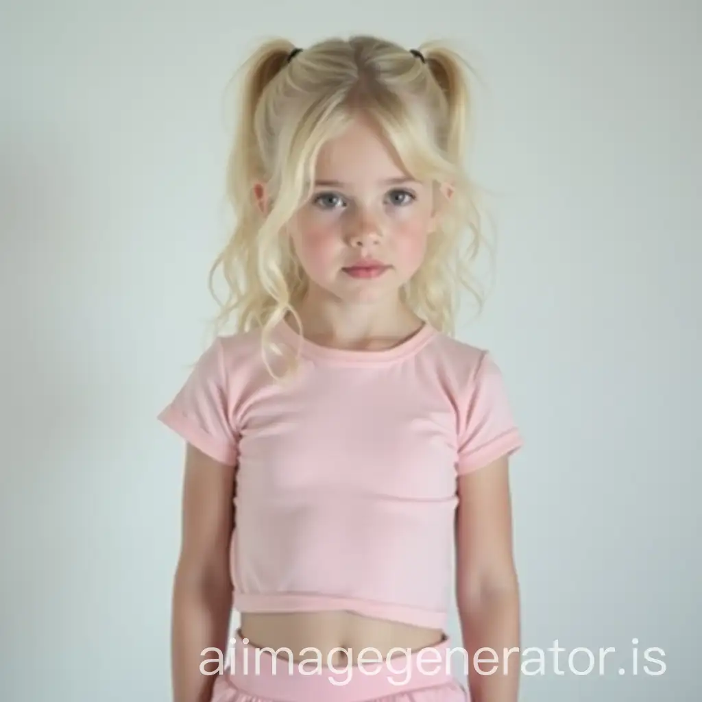 very skinny 12 year old blonde girl in small pink croptop standing in white room with light gray background colors, shown up from legs, small pouty lips, pigtails, angel face, beautiful eyes