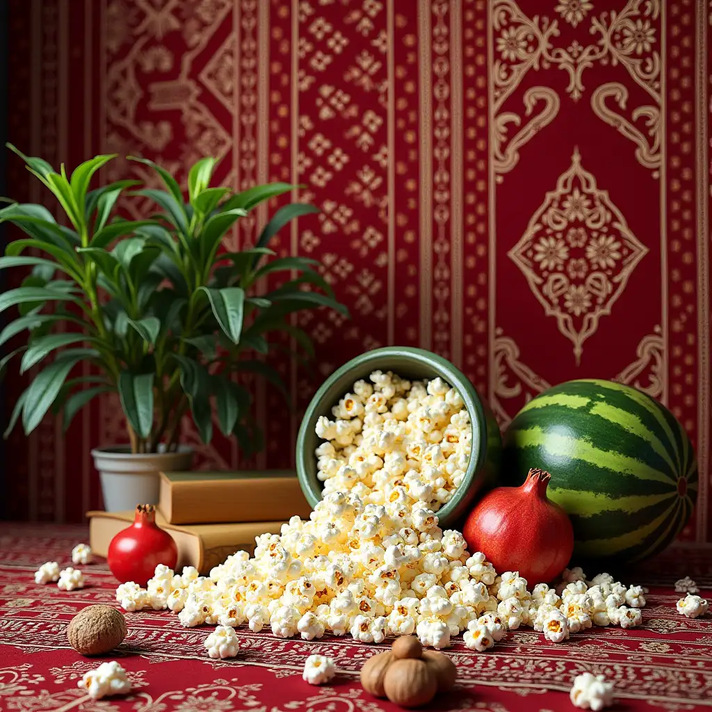 A hyper-realistic photo with incredible detail featuring a red and white geometric background, adorned with a plant, watermelon, pomegranate, nuts, and a book. The style is inspired by traditional Persian carpet design, with rich red colors and intricate floral and geometric patterns that showcase ancient Iranian craftsmanship. The atmosphere is calm and dignified, deeply inspired by Iranian cultural heritage and the Yalda celebration. The scene emphasizes the presence of popcorn—lots and lots of popcorn—highlighting its playful yet essential presence within the composition.