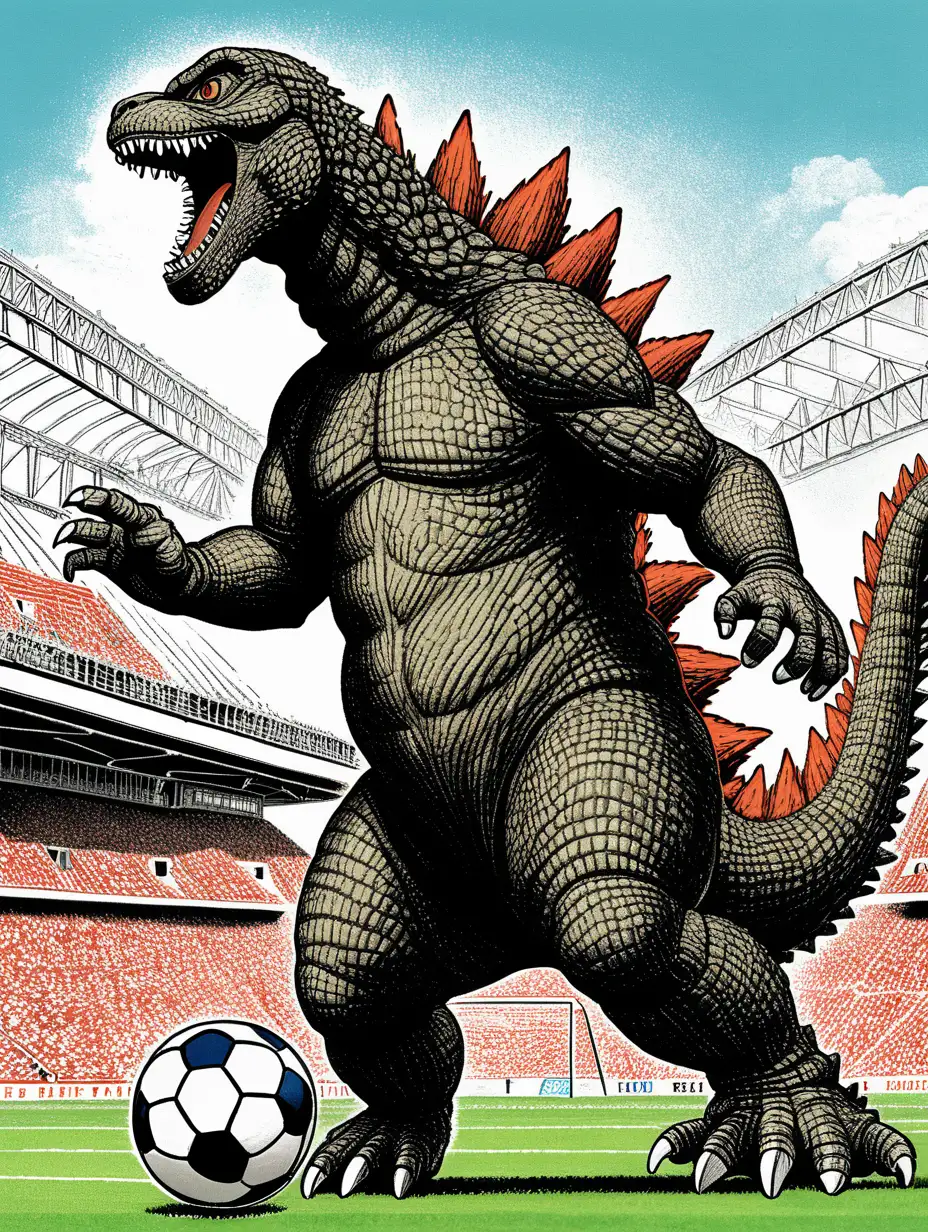 Godzilla Playing Soccer in Cityscape