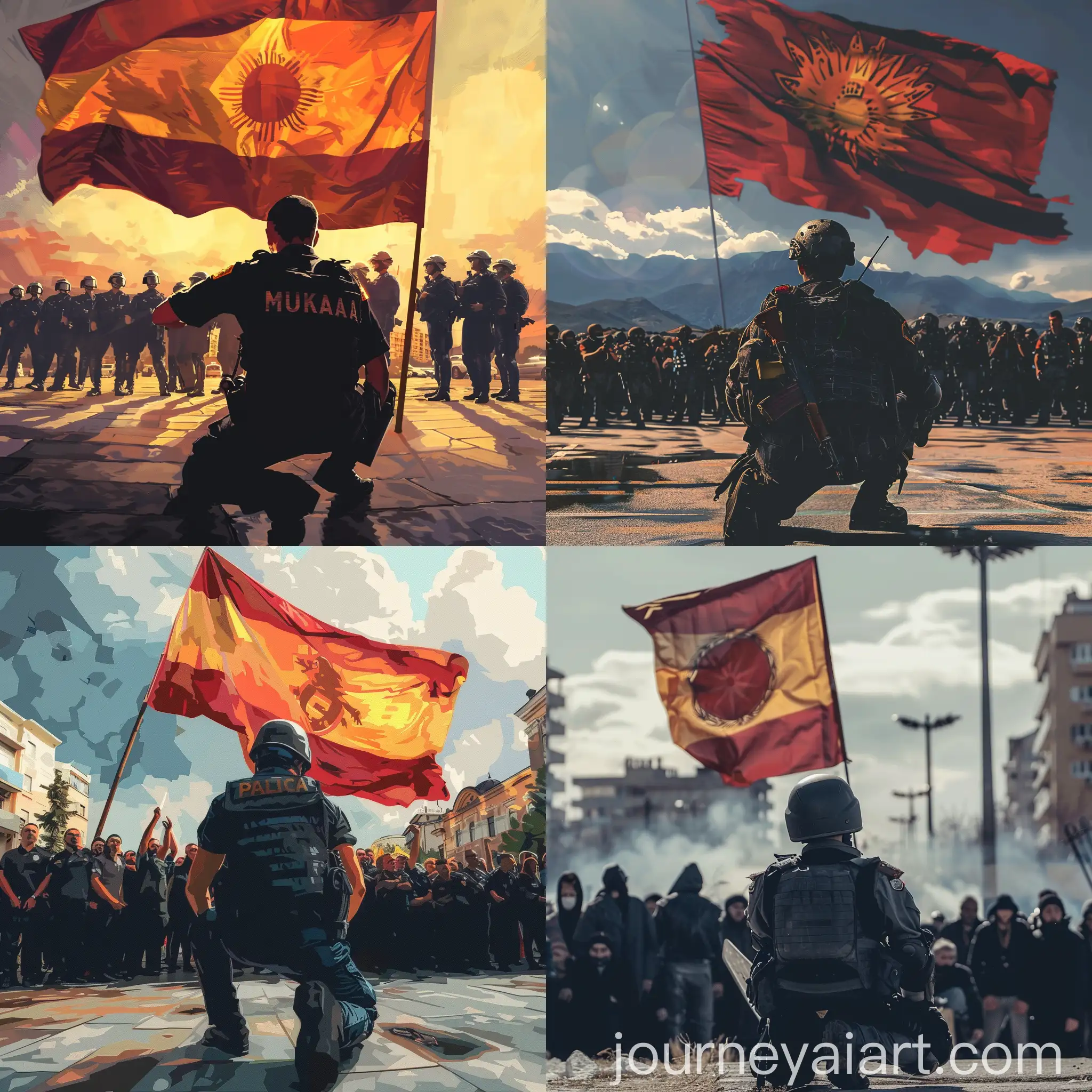 Macedonian-Flag-with-Police-Officer-Kneeling-in-Respect