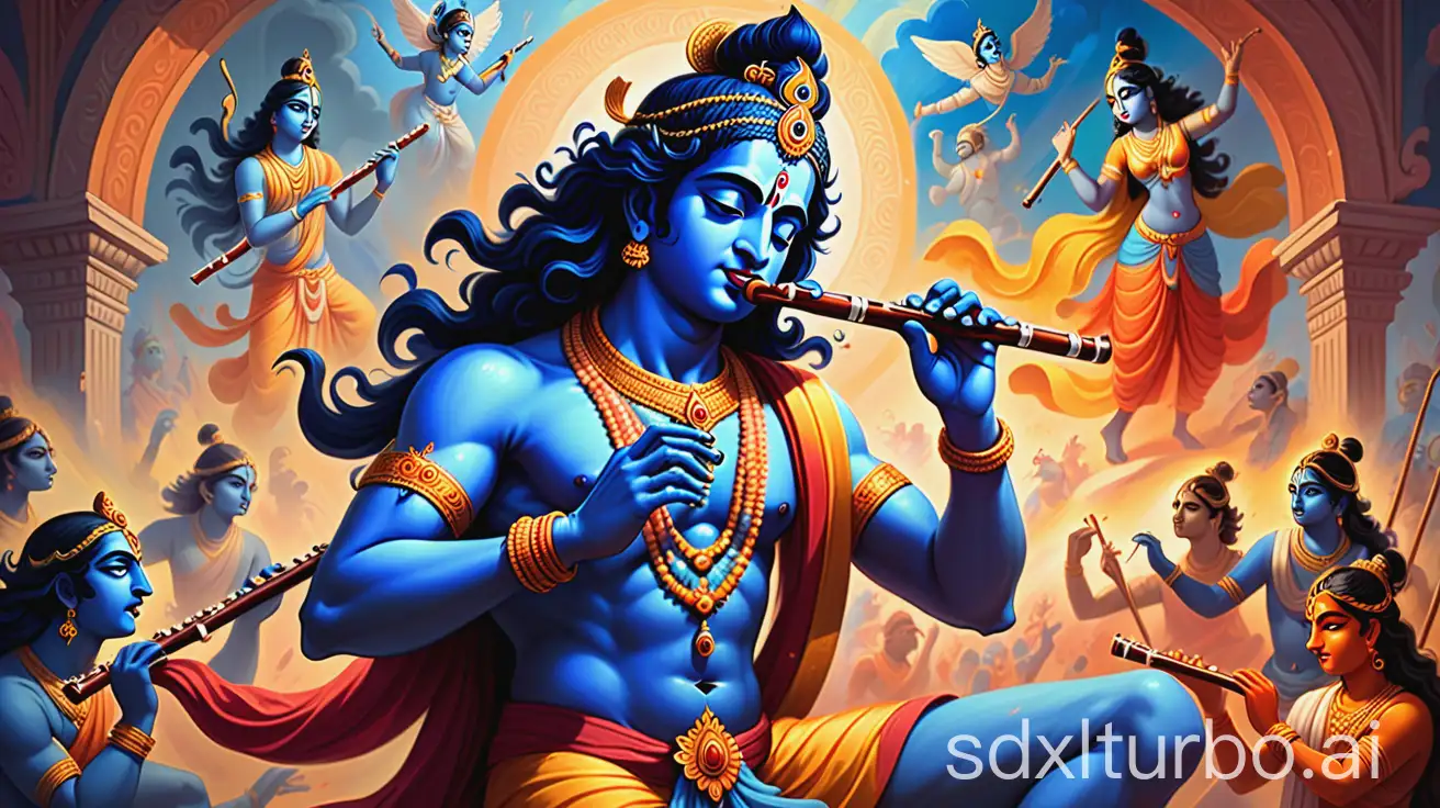 Krishna-Playing-Flute-Amidst-War-Scene-Symbolizing-Peace-in-Kaliyuga