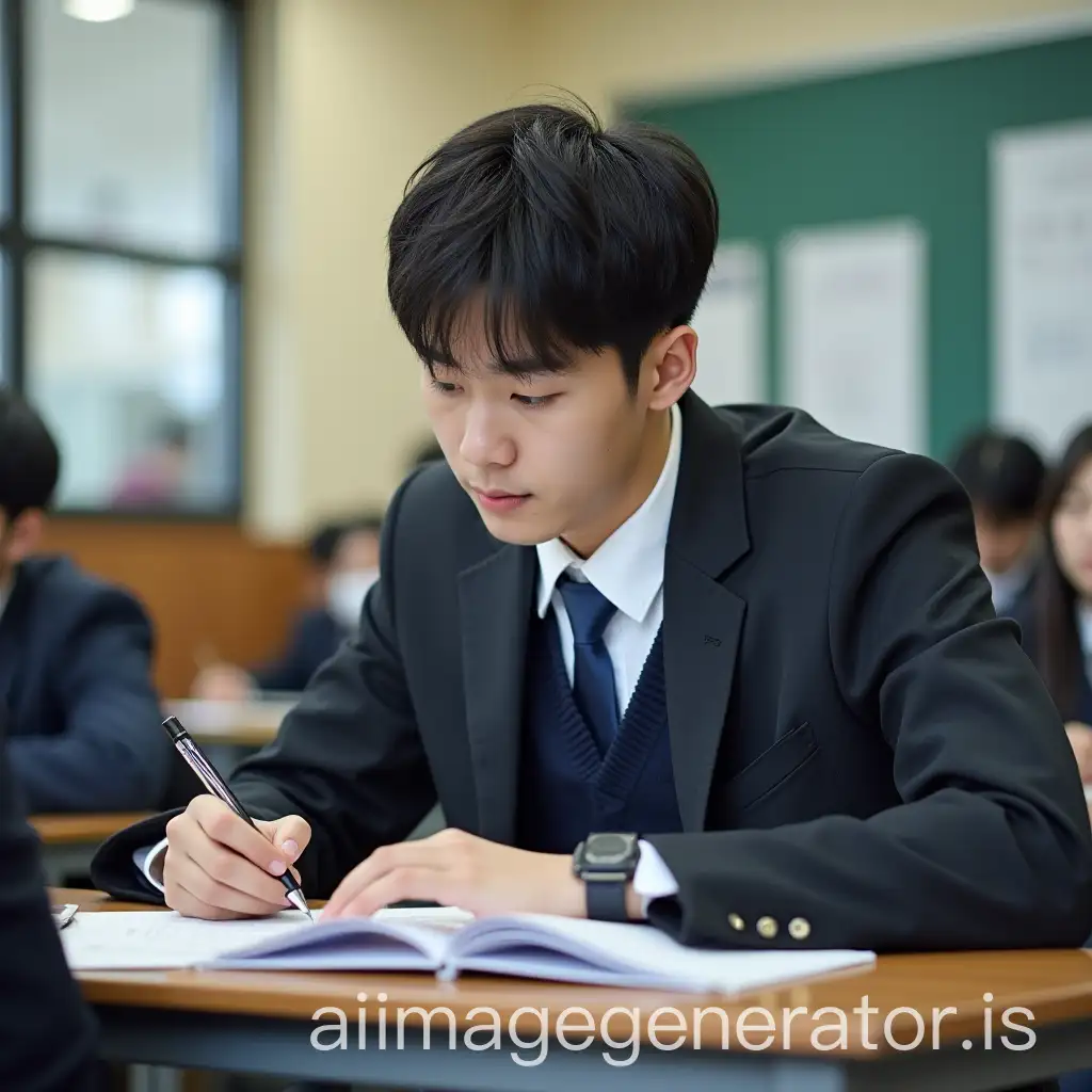 Handsome-Korean-Male-Student-Taking-Exam-in-Class-with-School-Uniform