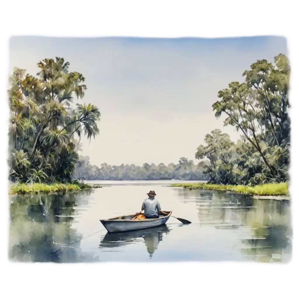 Florida-Creek-Fishing-Scene-with-Man-and-Dog-in-Jon-Boat-Watercolor-PNG-Image