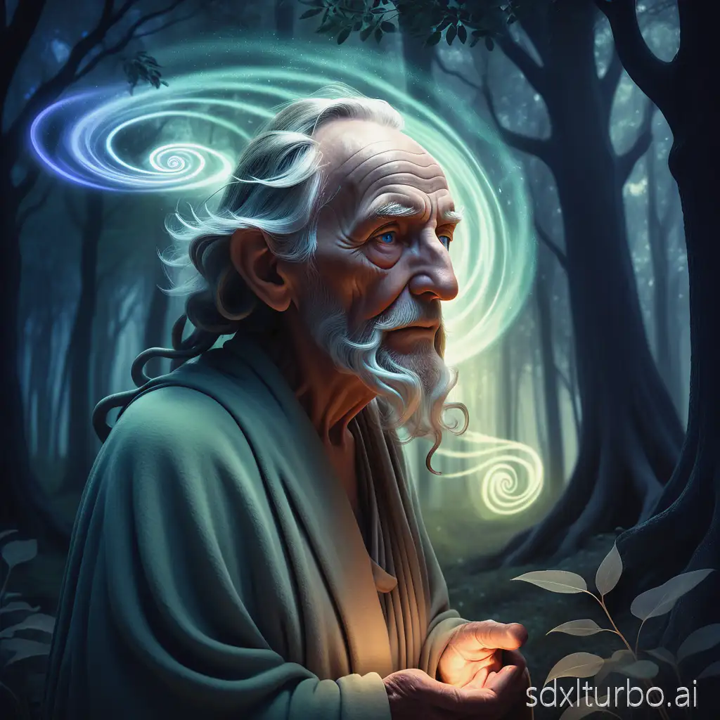 An elderly sage with radiant ears absorbing swirling luminous whispers around him, while shadowy forms try to speak — ethereal glow, twilight forest setting, mystical atmosphere, digital surrealism, focused composition capturing quiet wisdom.