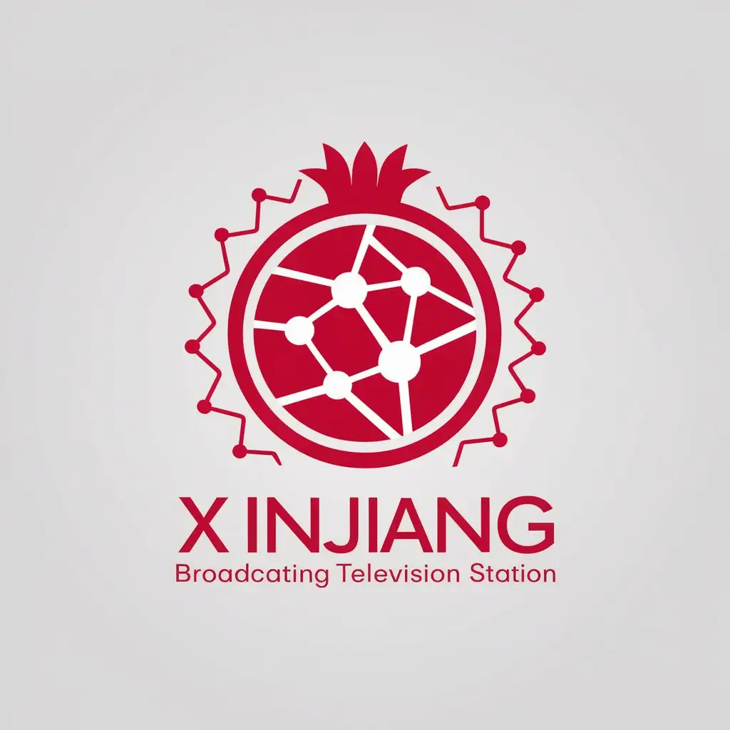 a vector logo design,with the text "Xinjiang Broadcasting Television Station", main symbol:Network propagation, pomegranate,Minimalistic,be used in Internet industry,clear background