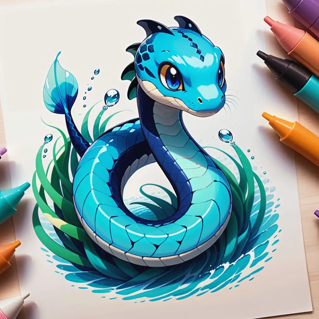 Cute Blue Sea Snake with Fins in Anime Cartoon Style