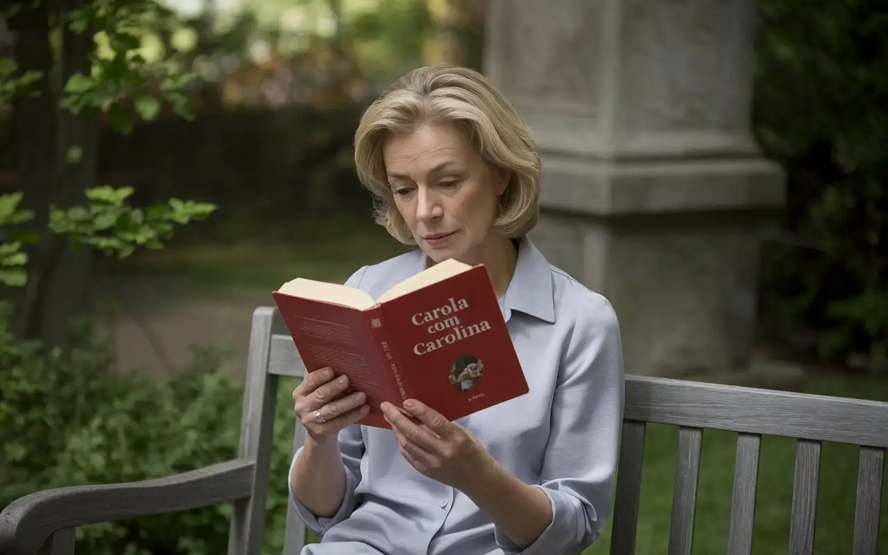 woman of 50 years reading book red cover with the title carola with carolina