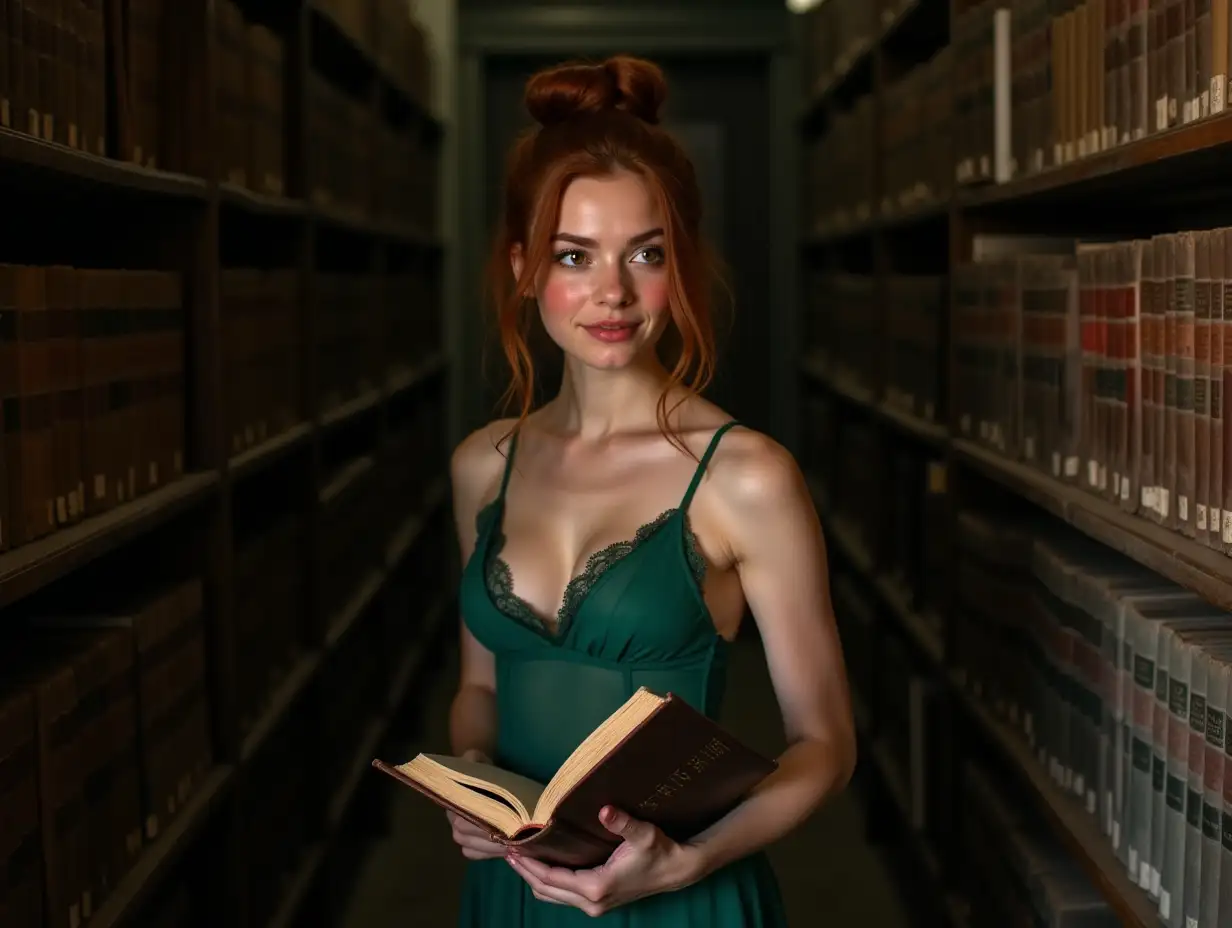 Elara, an 18-year-old librarian, standing in an alluring pose in the dimly lit, dust-filled aisle of an ancient library. Her youthful beauty is accentuated by an emerald-green, sheer dress that clings to her athletic figure, revealing a delicate lace bralette beneath. An auburn strand of hair has escaped her loose bun, framing her flushed cheek, while a seductive bead of sweat glistens on her neck. Her rich brown eyes sparkle with curiosity and mischief as she holds a book with partially obscured content, hinting at its alluring nature. The low neckline of her dress teases the viewer with glimpses of her cleavage, adding a layer of intrigue to the intellectual setting. Despite the warmth, her makeup remains flawless, and her full pink lips curve into a knowing smile. The musky scent of aged paper permeates the air, subtly blending with the sweetness of her perfume. The shadowy bookshelves behind her stretch into the distance, their leather-bound tomes whispering of the secrets they hold. Elara stands as a captivating contrast, her nascent sexuality enhancing the enigmatic allure of the scholarly sanctum. Her stance suggests she's about to share an intimate moment with a fellow patron, perhaps whispering a scandalous plot twist or a secret long forgotten, inviting the viewer into a world where knowledge and desire coalesce in an irresistible dance of the mind and heart.