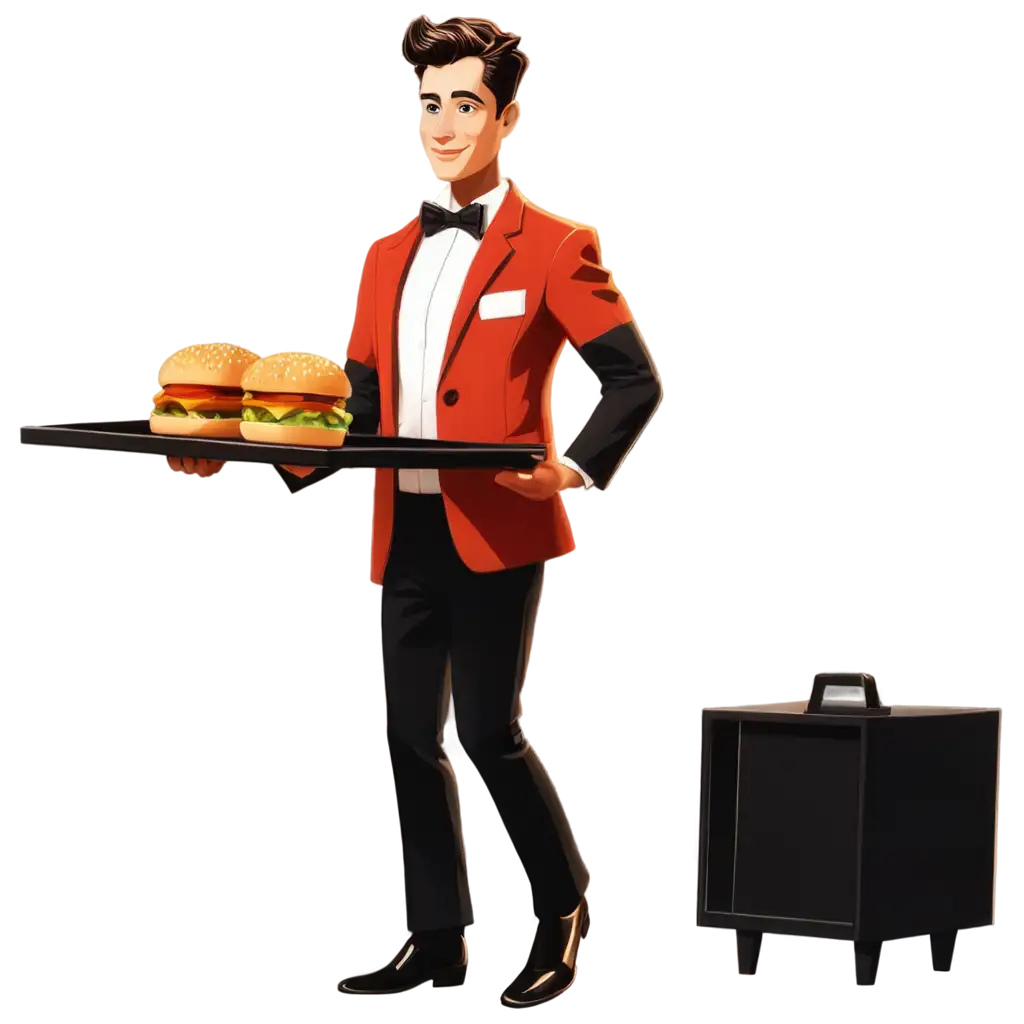 a cartoon casino waiter carrying fast-food burger with fast-food fries in a tray