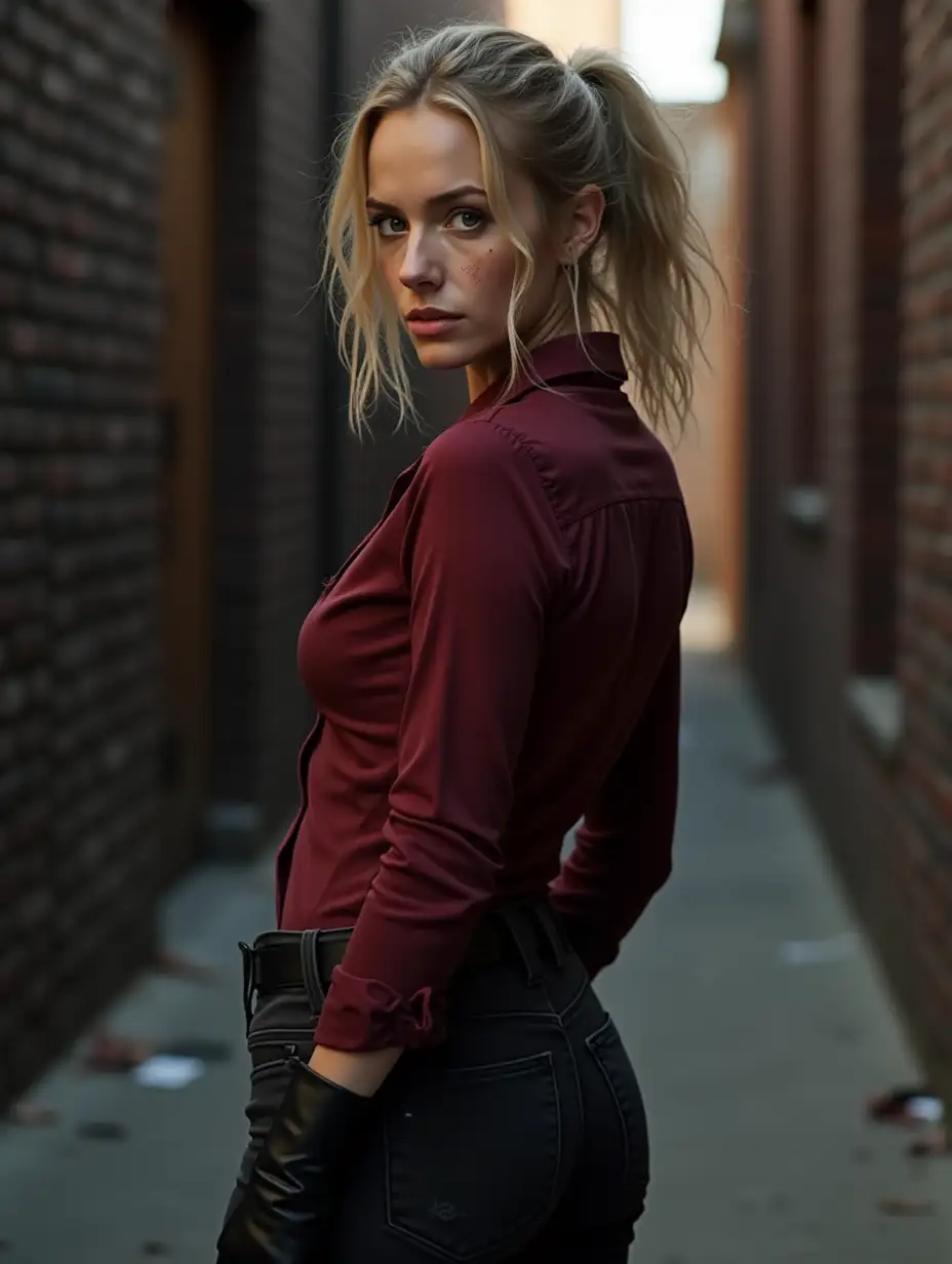 Half Length View of Teagan Croft wearing a fitted, darker blood-red button up shirt, slim fitted black jeans but flexible, allowing for agility during fights. The slight distressing on the fabric adds to her rugged, rebellious vibe, wears a single, fingerless black glove on her dominant right hand, and steel-toed black combat boots. (in her accurate dark blonde hair slightly tousled, tied back into a messy ponytail for fights, leaving stray strands framing her face for a disheveled, intimidating look and makeup effects—darker eyeshadow, smudged eyeliner, and faint bruising under her eyes, accurate Teagan Croft 20 year old body type and accurate height). In a alley outside of a bar, reminiscing of Supernatural TV Show scenery (Her clothes being a nod to Demon Dean Winchester clothes from Supernatural Season 10). Daytime Setting. (4K Resolution Photo and HDR)