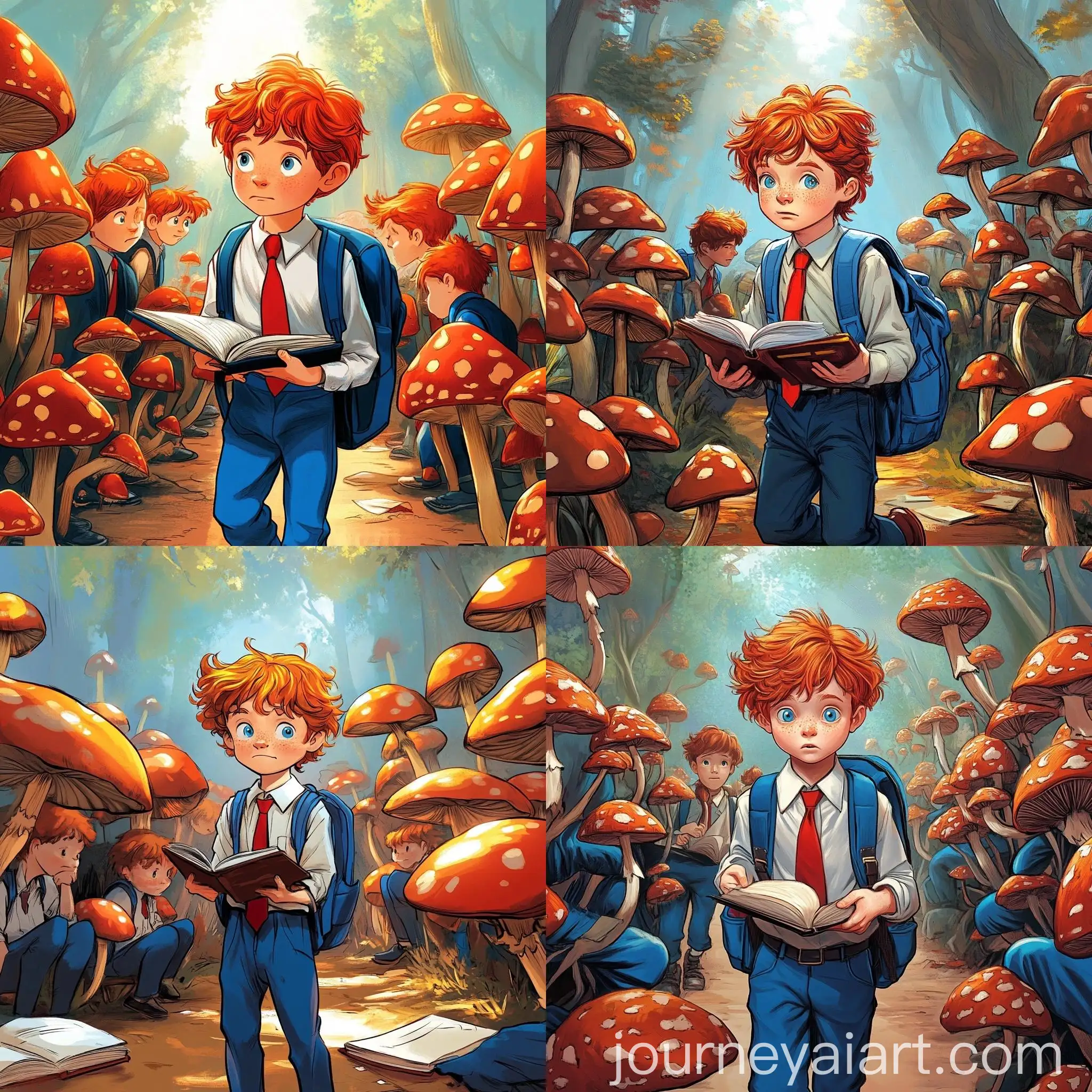Boy-with-School-Uniform-Exploring-Mushroom-Forest