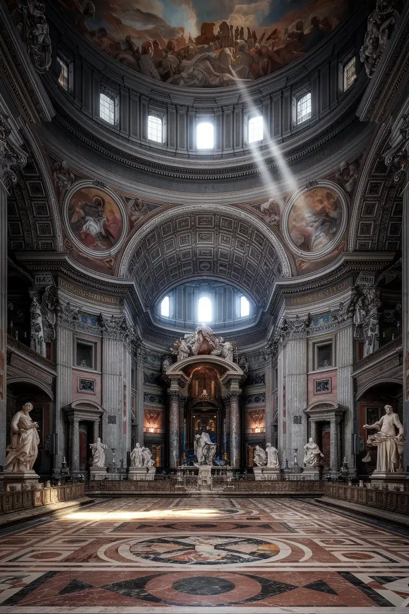 Interior wide shot of St. Peter's Basilica in Vatican City, opulent baroque style, marble statues, sunlight streaming through the dome oculus, vast interior space, dramatic lighting, realistic, detailed, high-resolution