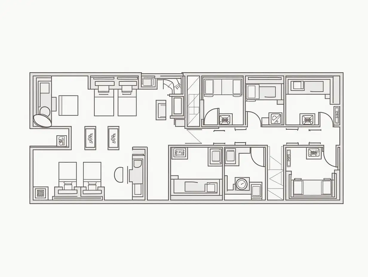 evacuation plan from office building, top view, scheme, arrows and directions, rooms and ladders