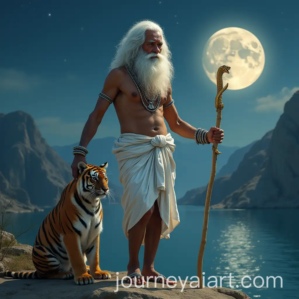 Old-Hindu-Man-with-Silver-Bangles-Diamond-Necklace-and-Sacred-Stick-on-Full-Moon-Night-by-the-River