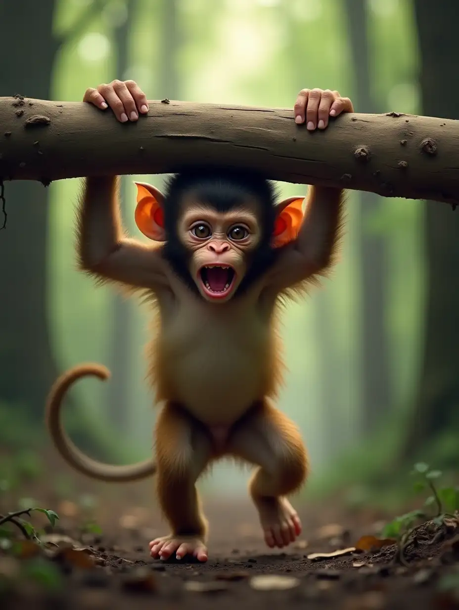 A baby brown monkey in a scary forest, very angry, holding a large piece of wood, holding the wood above its head with both hands, and running towards the camera.