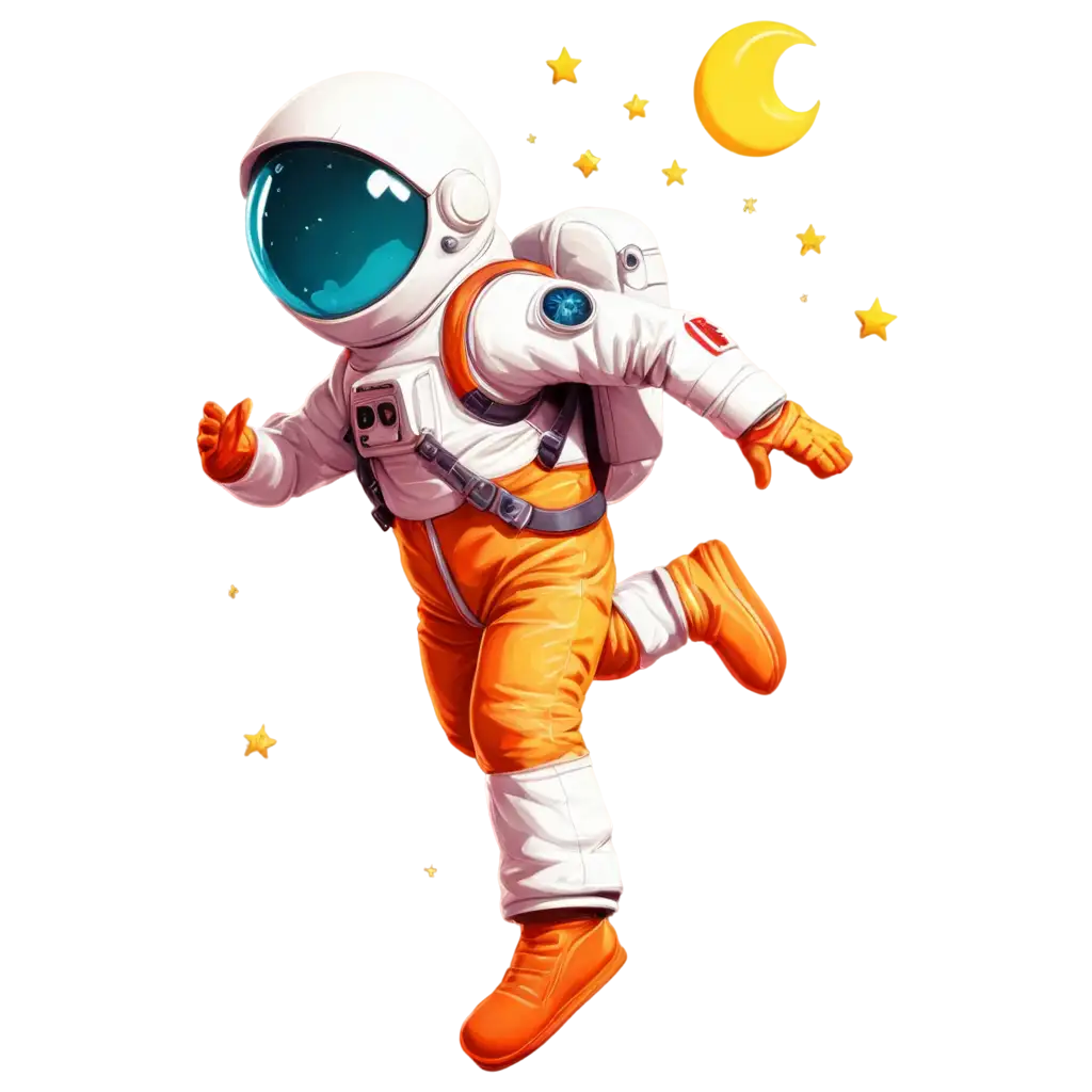 funny, flying astronaut as comic character on moon surface in bright colors