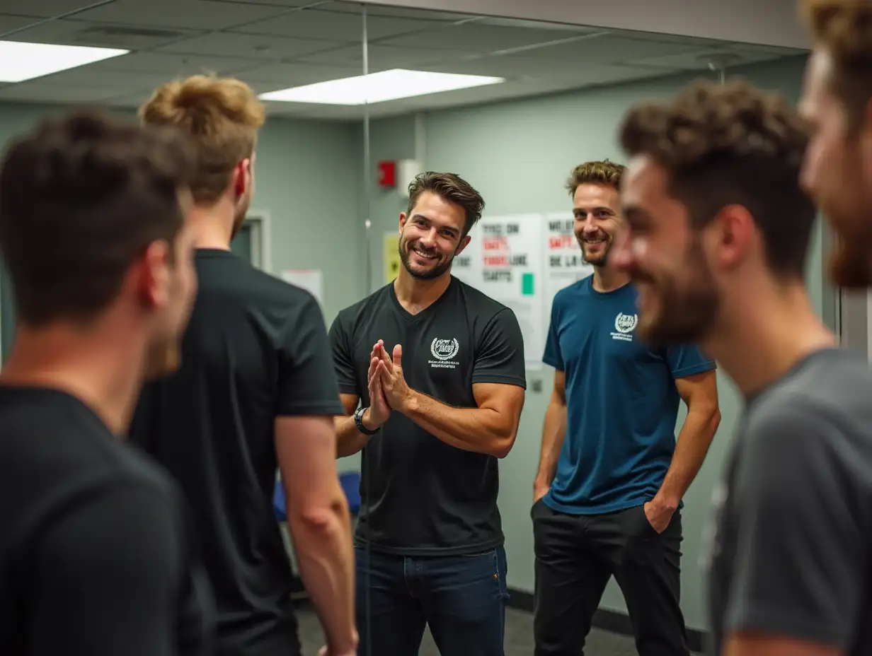 An indoor training room filled with men practicing their social skills. One man stands in front of a mirror, rehearsing his approach, while others engage in role-playing exercises, laughing and learning from each other. The room has motivational posters on the walls, emphasizing the importance of practice and improvement. The atmosphere is energetic and supportive, showcasing a commitment to refining their techniques.