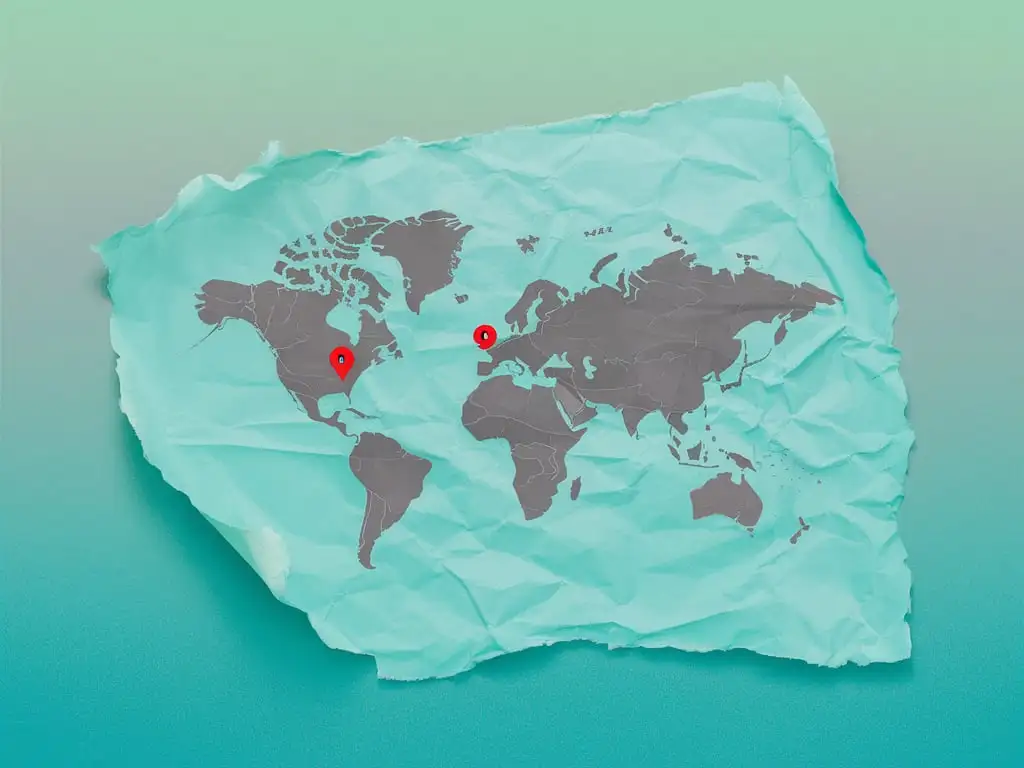This #018076 pastel gradient turquoise color background with minimal crumple paper texture and grey color world map with red pin location at certain country