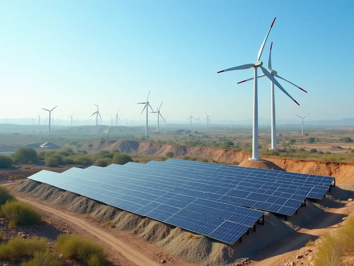 Environmentally friendly installation of photovoltaic power plant and wind turbine farm situated by landfill.Solar panels farm built on a waste dump and wind turbine farm. Renewable energy source.