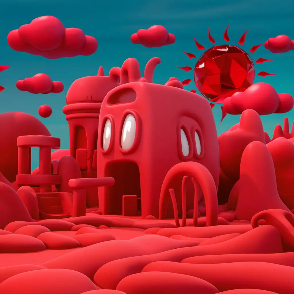 Cartoon-Red-World-3D-Illustration-with-Playful-Characters-and-Vibrant-Atmosphere