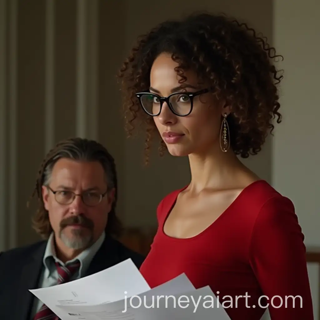 Elegant-Woman-Holding-Documents-with-Observant-Man-in-the-Background