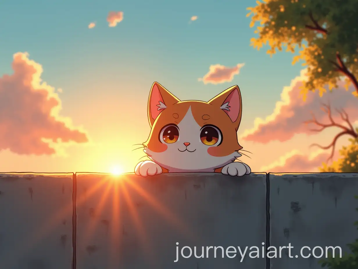Curious-Cat-Peeking-Over-Concrete-Wall-at-Sunset-with-Soft-Sunlight-and-Serene-Atmosphere