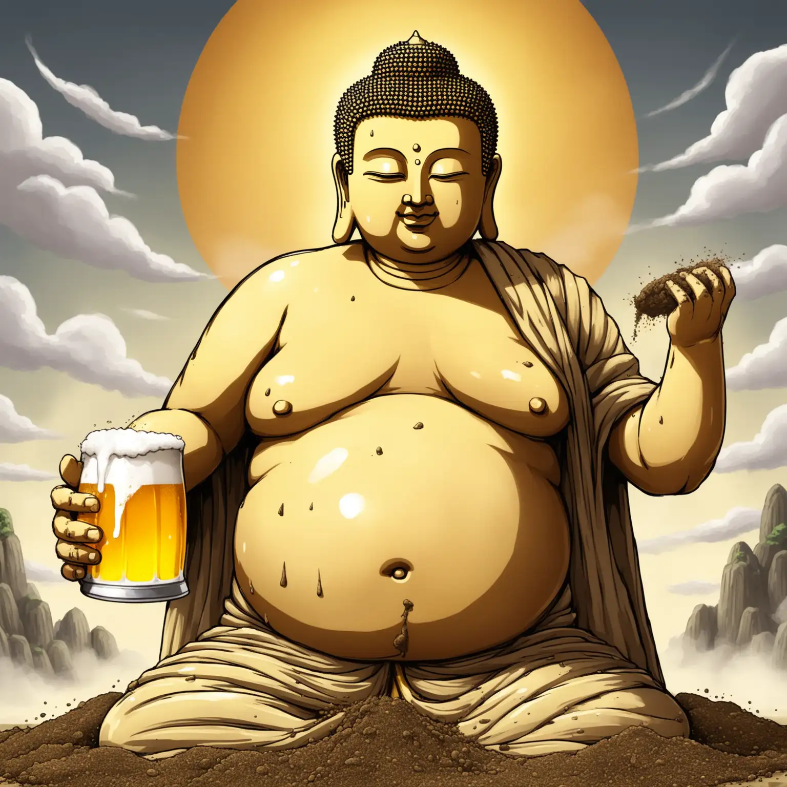 Buddha who sweats heavily.he is pulling dirt out of his belly Button. With the other Hand he is Holding a beer