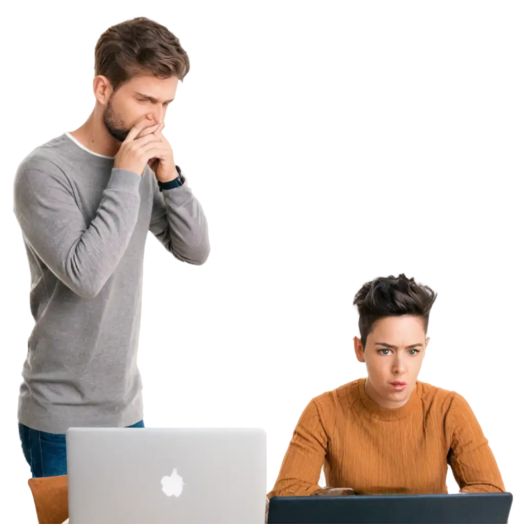 Confused-People-in-Front-of-Laptop-with-Multiple-Messages-PNG-Image-for-Communication-and-Digital-Stress-Concepts