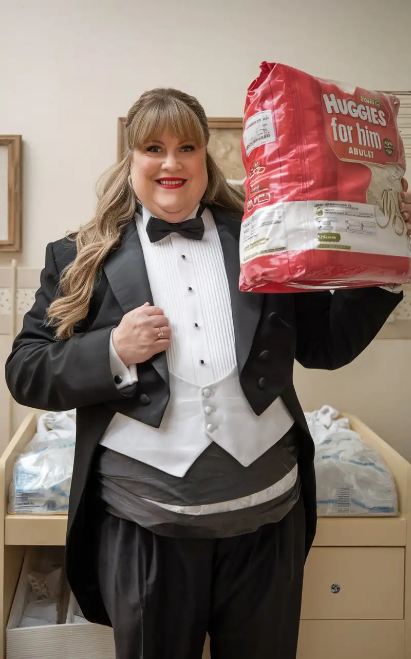 MiddleAged-Woman-in-Formal-Tuxedo-Holding-Huggies-Package-in-Nursery