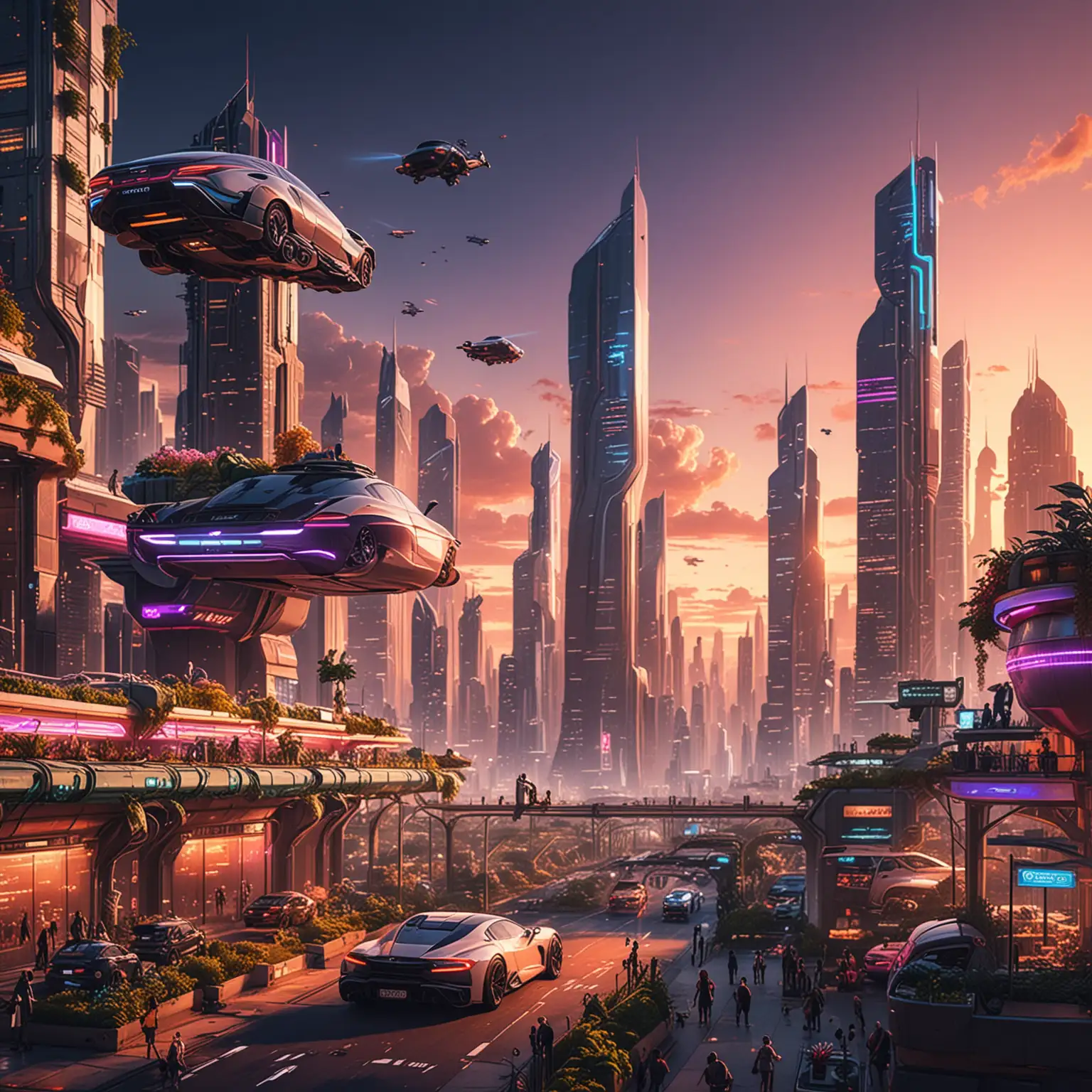 Futuristic city skyline at sunset with neon-lit skyscrapers, flying cars, and a rooftop garden with people enjoying the view."