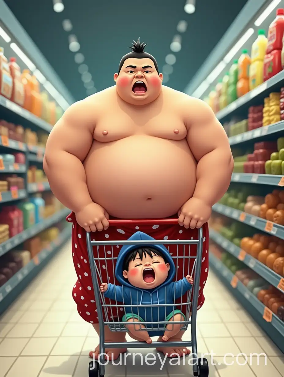 AI-Image-Prompt-ExpansionSumo-Wrestler-in-Polka-Dot-Mawashi-Pushing-Crying-Baby-in-Supermarket-Aisle-with-Colorful-Produce
