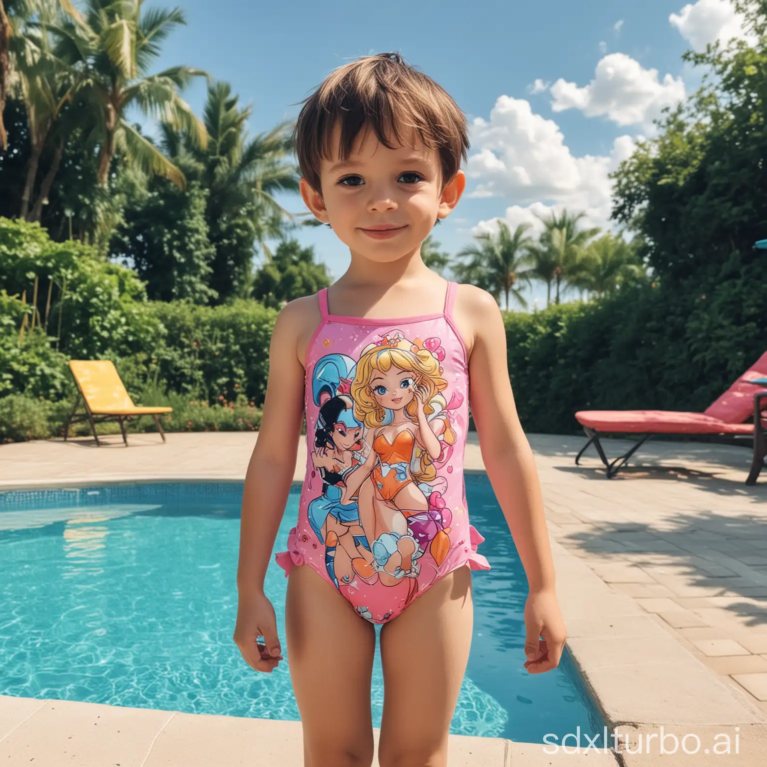 boy in a swimsuit one piece, pool cartoon princess