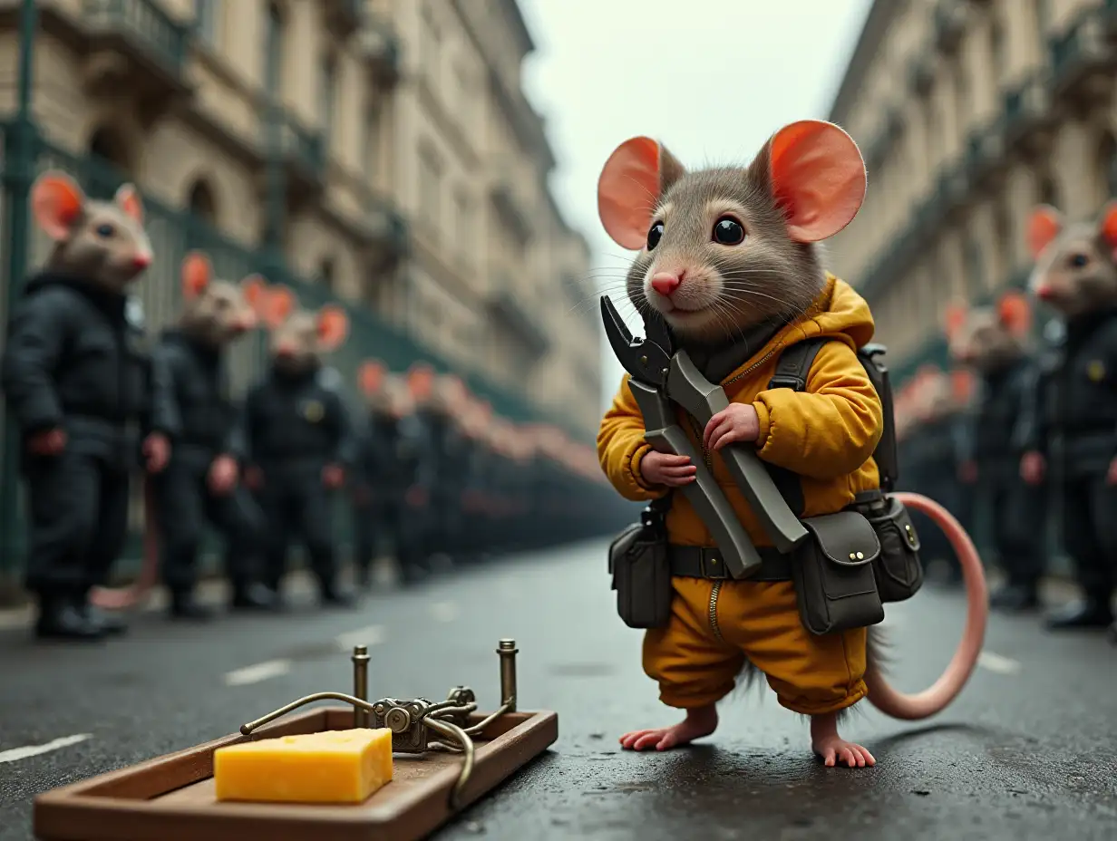 Background - city street. A large mouse trap is on the road with a piece of cheese. Next to it stands a humanoid mouse in a protective suit of a sapper, in her right hand pliers, with which she bites through the wire on the mouse trap. In the distance behind the fence stands a crowd of anthropomorphic mice, kept in check by mouse policemen. Photorealism.