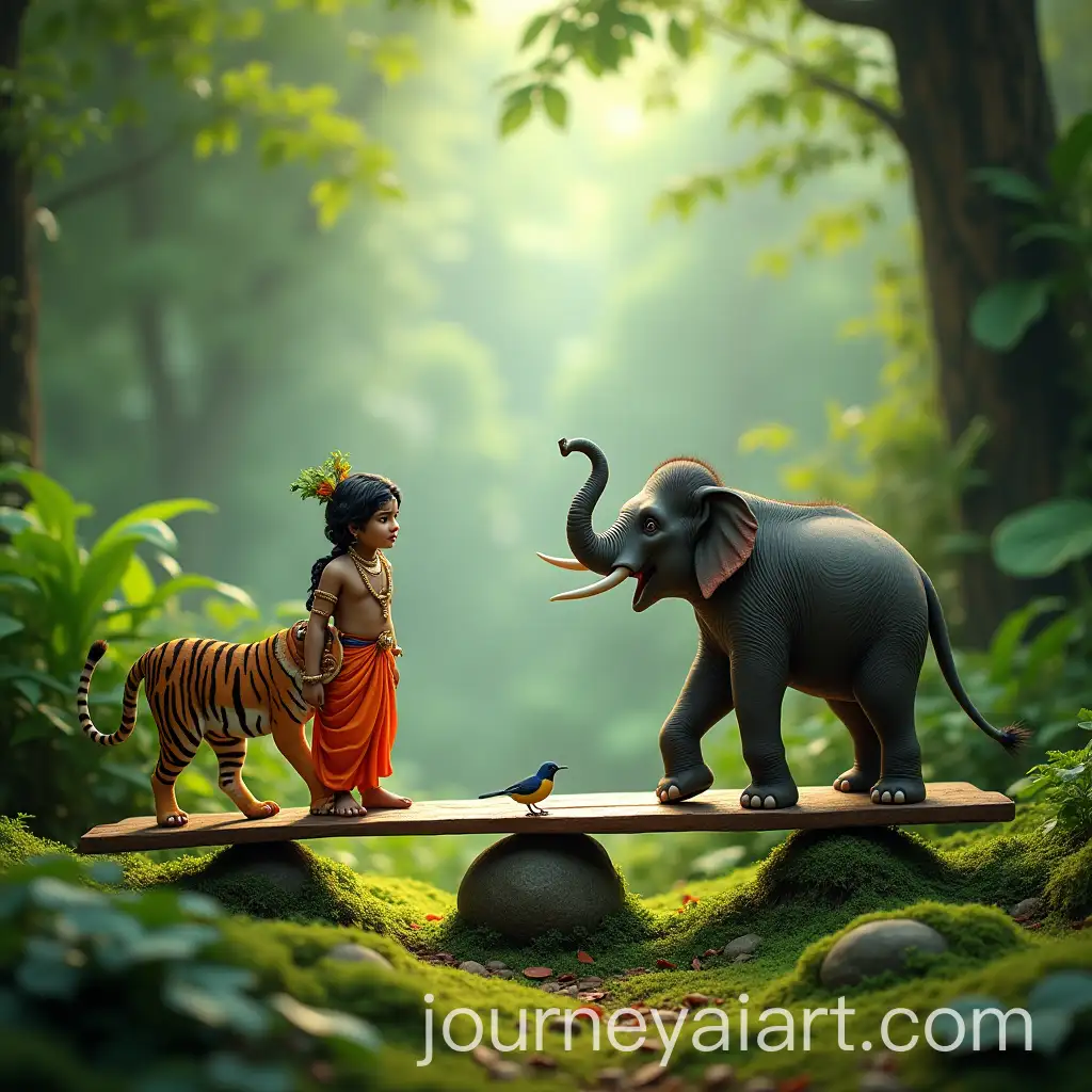 Shree-Krishna-and-Radha-Playfully-Balanced-on-a-Seesaw-in-a-Lush-Forest