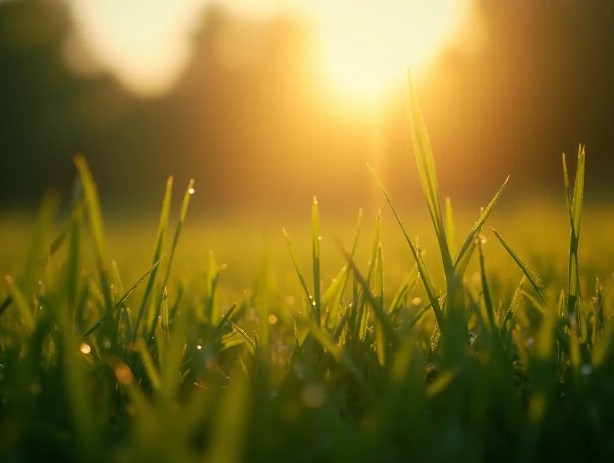 pleasant morning with dew on the  grass and sun shine