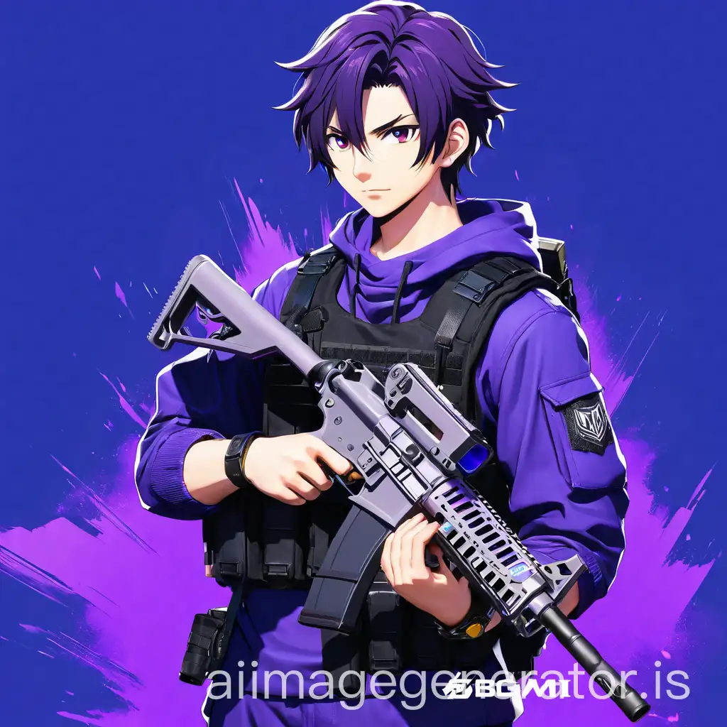 Boy avtar detailed, gaming ,  anime character medium messhy haired  , must holding a  M416  gun from bgmi ,  male character, dark thundering purple and black blue mix background  with blue dress of character . character should have long hair.