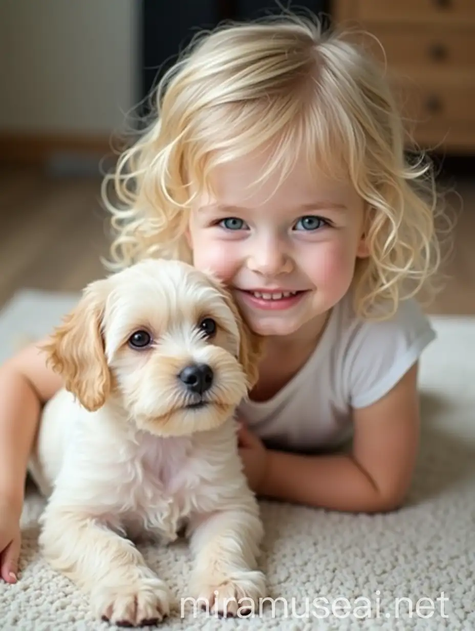 Adorable Blonde Toddler Playing with Maltipoo Dog