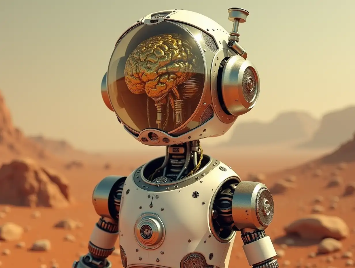 Create a high-resolution, realistic image of the artificial intelligence Robert, two meters tall, with gears on arms and legs, gears on cheeks and a glass head with visible platinum brain made of gold, screws with many gears, on Mars on a rock 4k resolution with