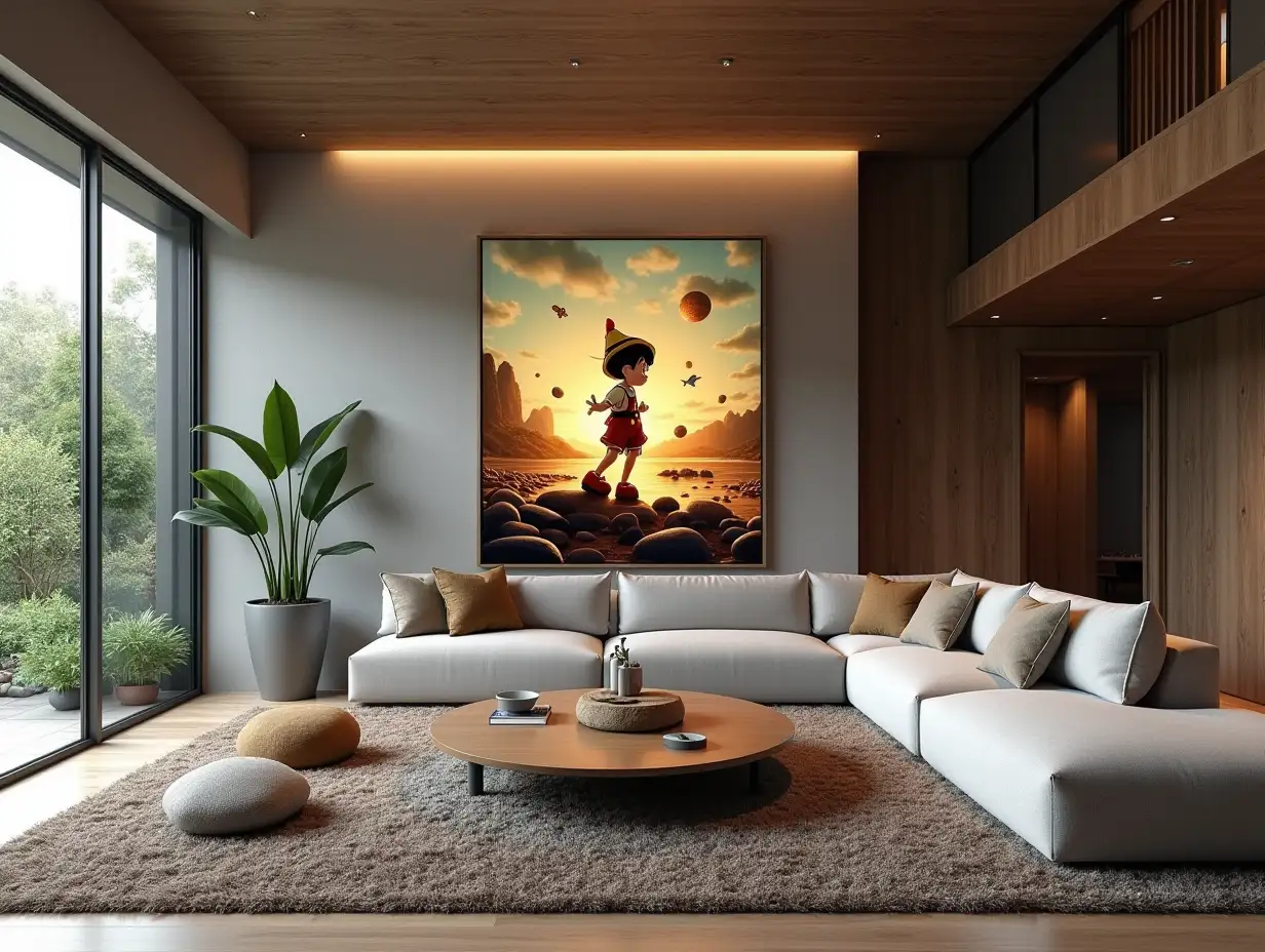 Large modern living room with Pinocchio and Attack on Titan picture on the wall, Zen-Garden with carefully maintained rocks, a meditative 180 degree view 8K resolution Vibrant