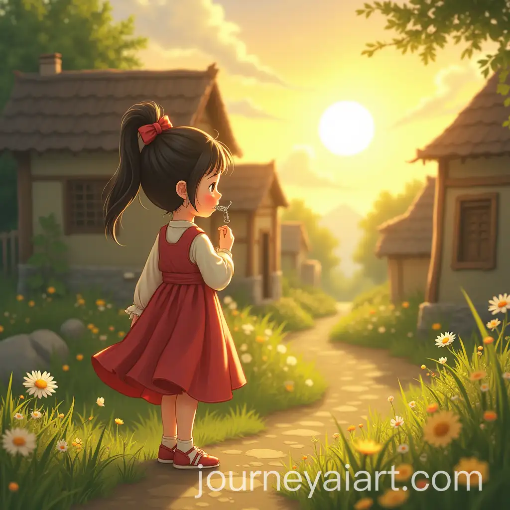 Young-Girl-Realizes-Her-Pendant-is-Missing-in-Peaceful-Village-at-Sunrise