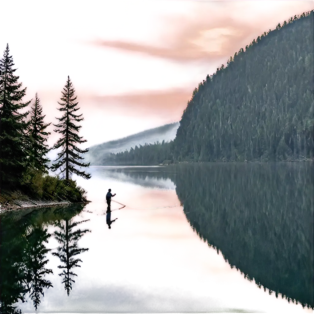 In a serene mountain lake at dawn, a lone fisherman is casting a line into the water as rays of sunlight peek over the distant peaks with tall pine trees along the shore.