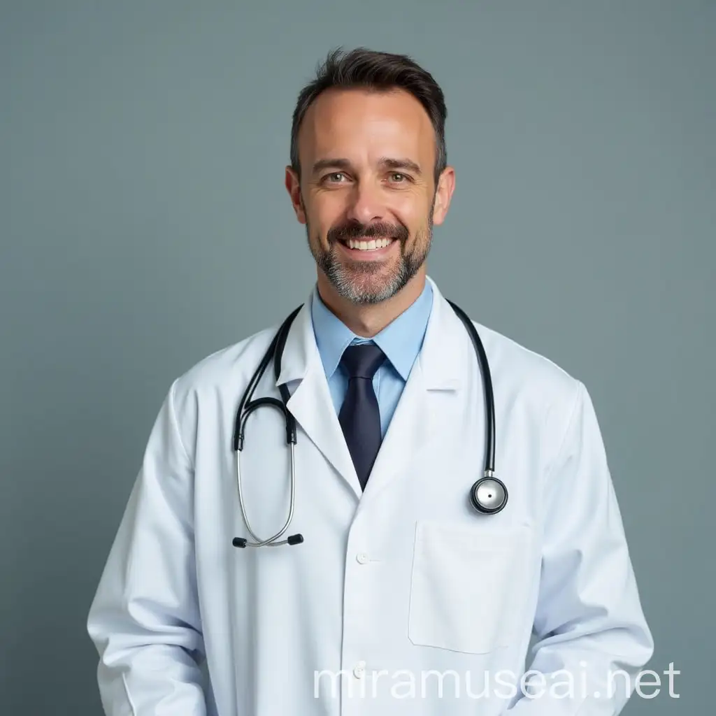 doctor at 32 years old with a white coat with a stethoscope turned 45°