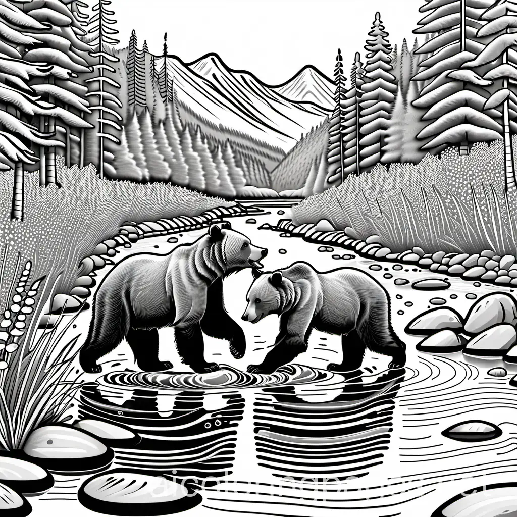 Grizzly-Bear-Cubs-Playing-in-Creek-Coloring-Page