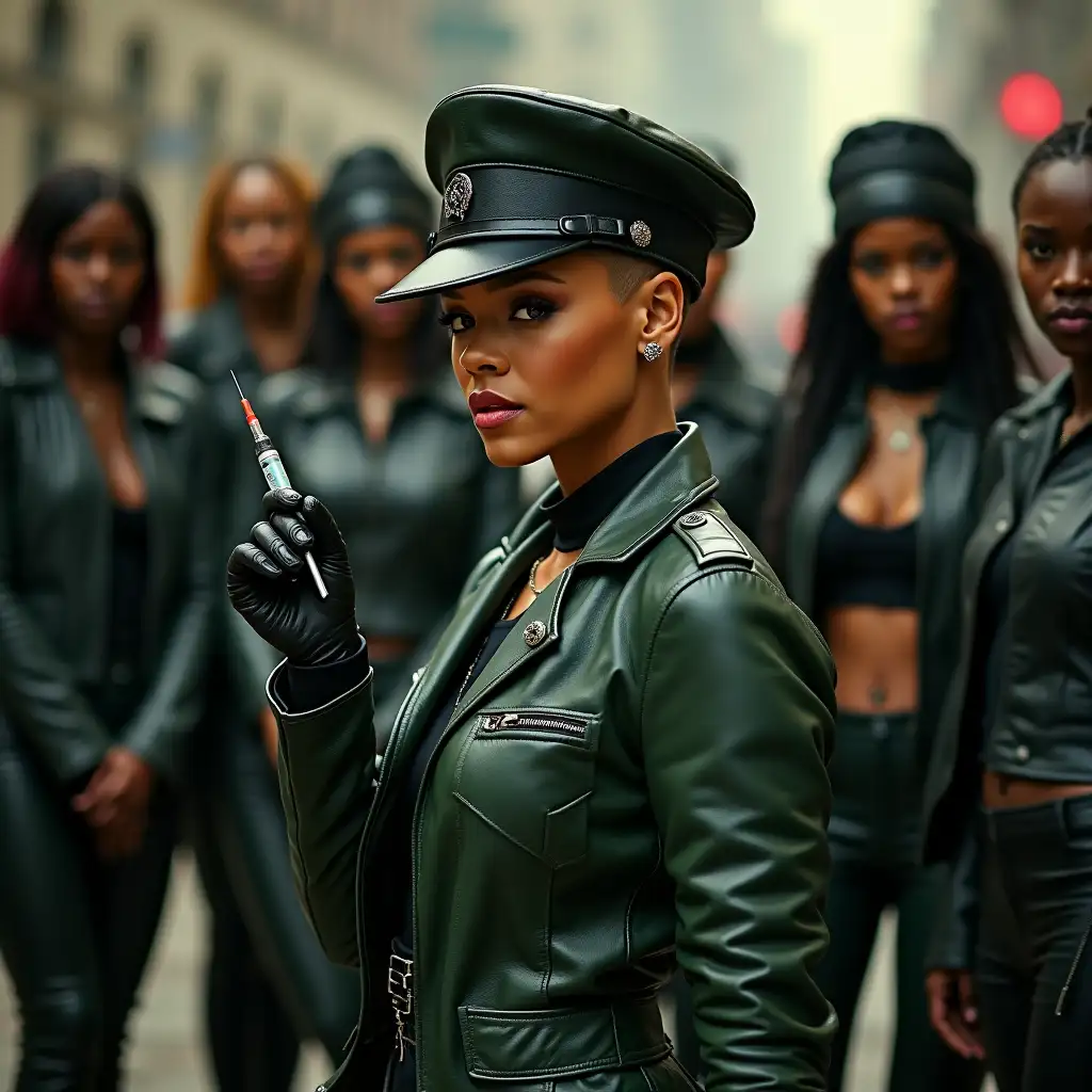 Rihanna-Teasing-with-Vaccine-Injection-Needle-in-Leather-Military-Attire