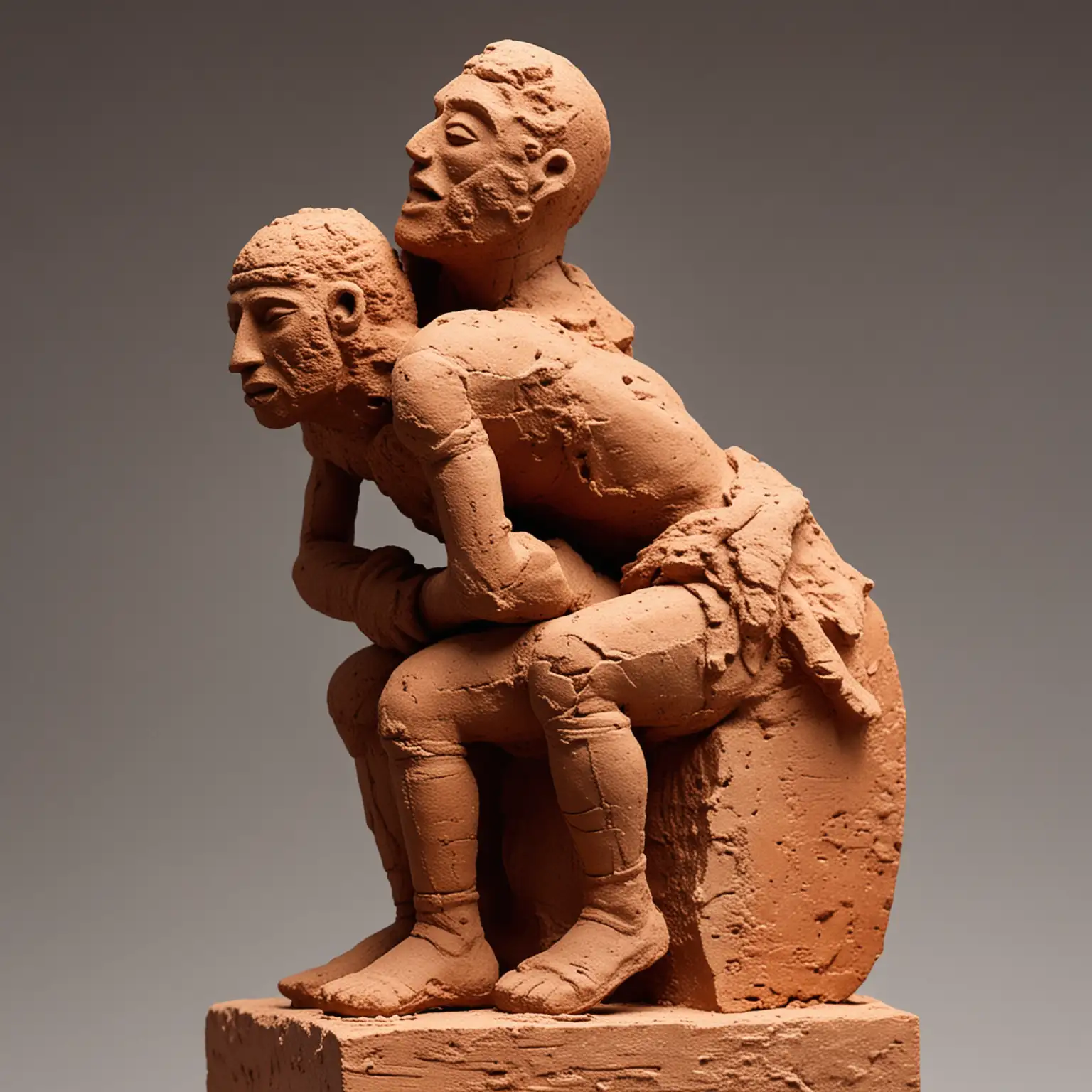 Abstract PreColombian Terracotta Sculpture Man Riding Another Mans Back